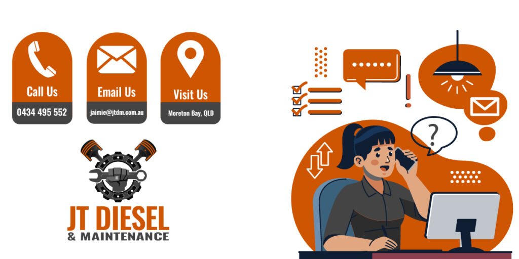 JT Diesel & Maintenance contact information showing phone number, email, and Moreton Bay location with mobile diesel servicing support