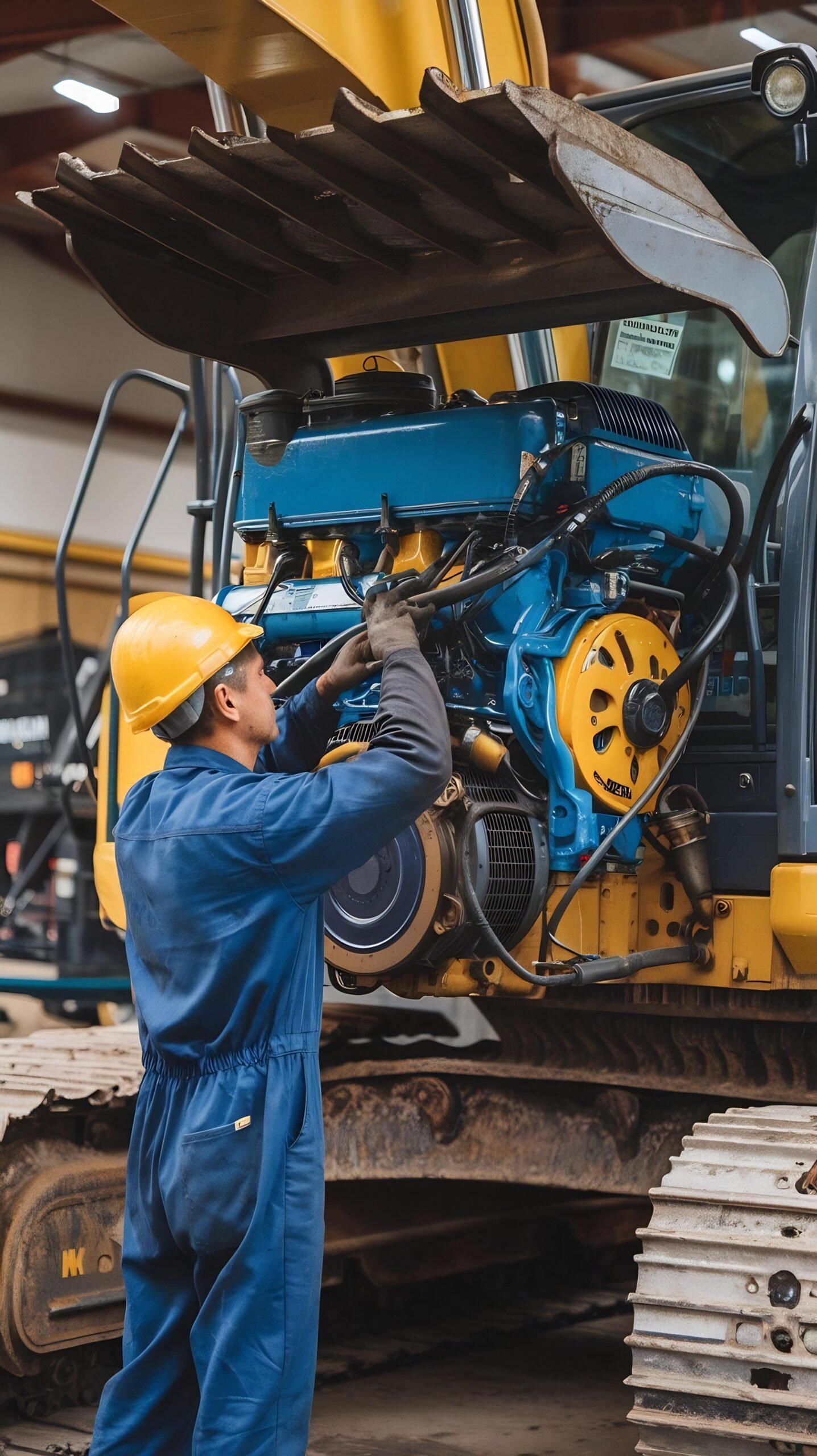 Heavy machinery mechanic performing diesel engine maintenance on an excavator at JT Diesel and Maintenance workshop